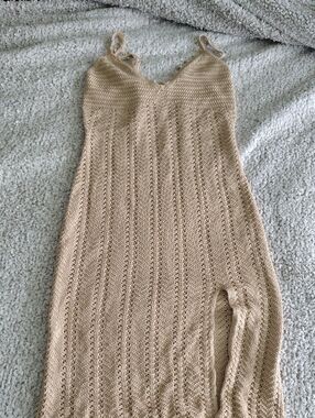 Beige Knit Maxi Dress with Spaghetti Straps